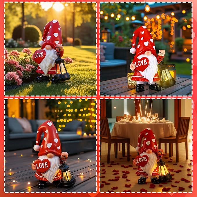 Retisee Solar Valentine's Day Garden Statue Resin Gnome Statue with Hearts LED Lights Outdoor Love Solar Light Figurine Decoration for Yard Patio Lawn Gift for Valentine's Day Anniversary