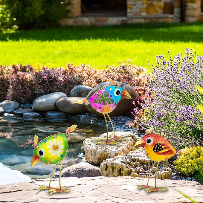 3 Pack Garden Outdoor Metal & Glass Bird Yard Art, Lawn Ornaments Outdoor Decor for Porch Patio, Housewarming Birthday Gifts for Grandma Mom Women