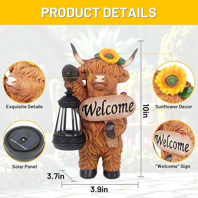 Garden Highland Cow Decor, Solar Outdoor Statue with Lantern Funny Highland Cow Figurine for Yard Garden Patio Lawn Ornaments - Unique Birthday Gifts for Mom, Women