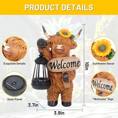 Garden Highland Cow Decor, Solar Outdoor Statue with Lantern Funny Highland Cow Figurine for Yard Garden Patio Lawn Ornaments - Unique Birthday Gifts for Mom, Women