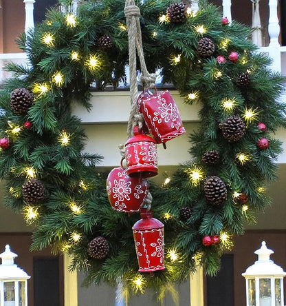Cow Bell Wind Chime 25” Long- 5 Rustic Jingle Bells for Christmas Decor, Garden, Door Knob, Porch, Farmhouse, Meditation, Boho Hanging Bells, Metal Vintage Chime for Outdoor & Indoor (Red)