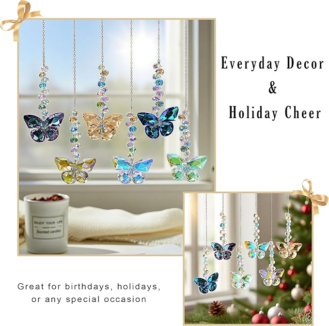 HDCRYSTALGIFTS 6PCS Crystal Butterfly Suncatchers for Window Hanging Ornaments, Rainbow Maker Sun Catchers Indoor Window Wedding Garden Home Decor Glass Ornaments for Christmas Tree Gifts