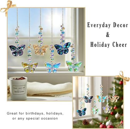 HDCRYSTALGIFTS 6PCS Crystal Butterfly Suncatchers for Window Hanging Ornaments, Rainbow Maker Sun Catchers Indoor Window Wedding Garden Home Decor Glass Ornaments for Christmas Tree Gifts