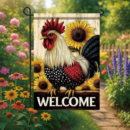 Spring Summer Garden Flag 12x18 Inch Welcome Rooster Sunflower Farm Animal Rustic Country Design Outdoor Yard Porch Lawn for Seasonal Farmhouse Home Decor