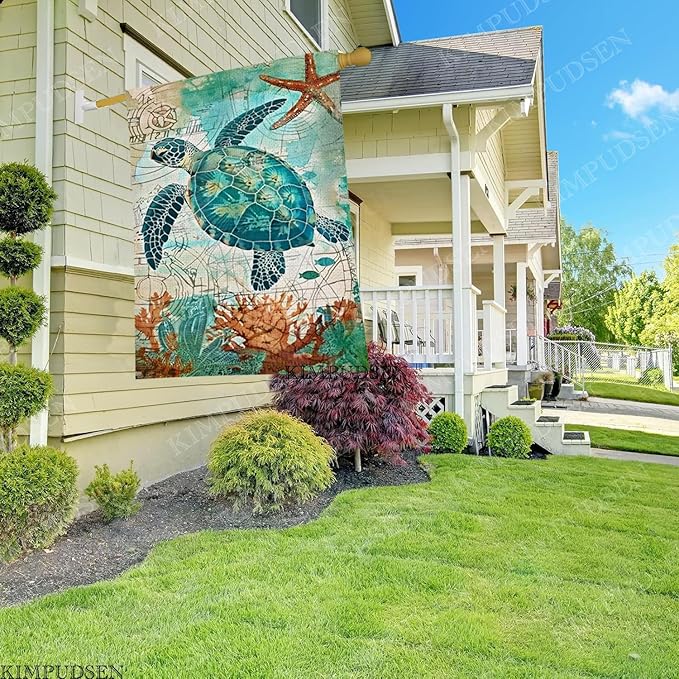 Sea Turtle Summer House Flag 28 x 40 Inch Double Sided, Summer Welcome Tropical Ocean Burlap Yard Flag Holiday Outside Decorations