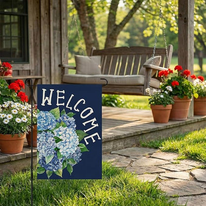 CROWNED BEAUTY Spring Garden Flag Hydrangea Welcome 12x18 Inch Double Sided Small Floral Seasonal Holiday Decoration for Outdoor Lawn Yard