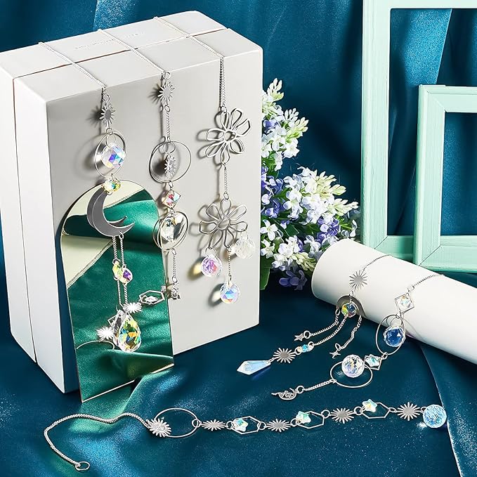 Ysleen 16 Pcs Crystals Suncatcher Colorful Hanging Sun Catcher for Window with Chain Pendant Ornament Prism for Garden Wedding Party Indoor Outdoor Decoration Gift(Silver)