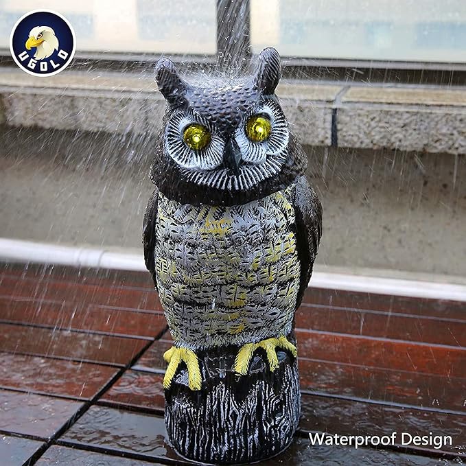 Solar Powered Owl with Motion Detection, Silent Mode, Flashing Eyes, Rotatable Head and Realistic Hoots, Plastic Owl Decoration for Home, Garden, Patio and Fence