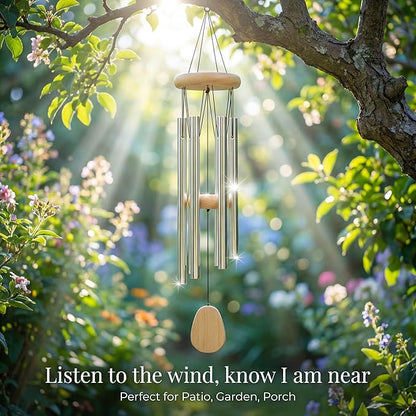 Memorial Wind Chimes for Loss of Loved One - 25 Inch Tone Silver Wind Chimes with 6 Tuned Tubes - Sympathy Gifts for Loss of Mother, Father, Loved One - Rust-Proof Garden Decor
