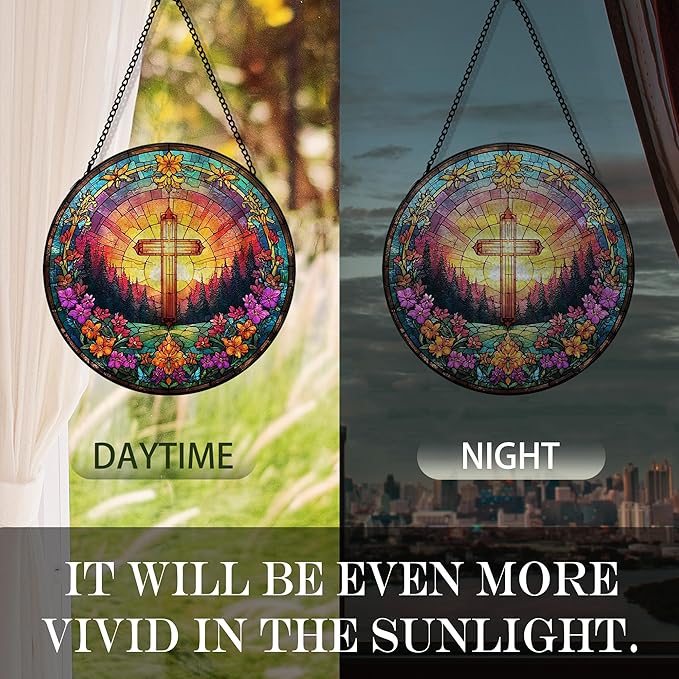 Christian Cross Suncatcher Garden Stained Glass Window Hanging, Christian Flower Sunset Sun Catchers Indoor Window Glass Round Wall Decor, Religious Wall Art Hanging Decorations, ＂7.8x7.8＂