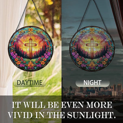 Christian Cross Suncatcher Garden Stained Glass Window Hanging, Christian Flower Sunset Sun Catchers Indoor Window Glass Round Wall Decor, Religious Wall Art Hanging Decorations, ＂7.8x7.8＂