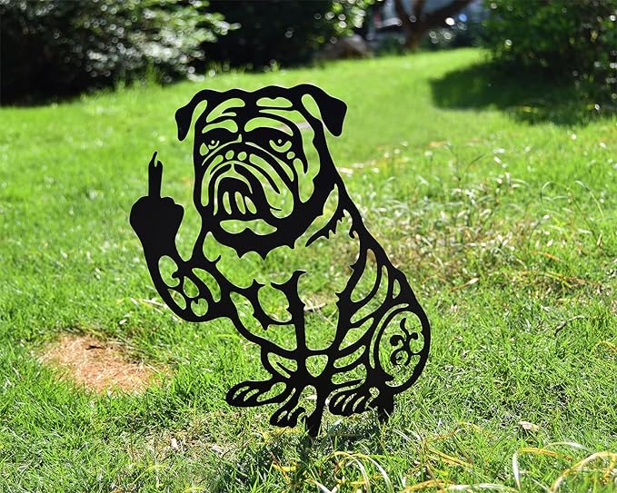 DS. DISTINCTIVE STYLE Bulldog Decor Funny Middle Finger Bulldog Statue Metal Black Dog Yard Art for Outdoor Garden, Patio, Pathway