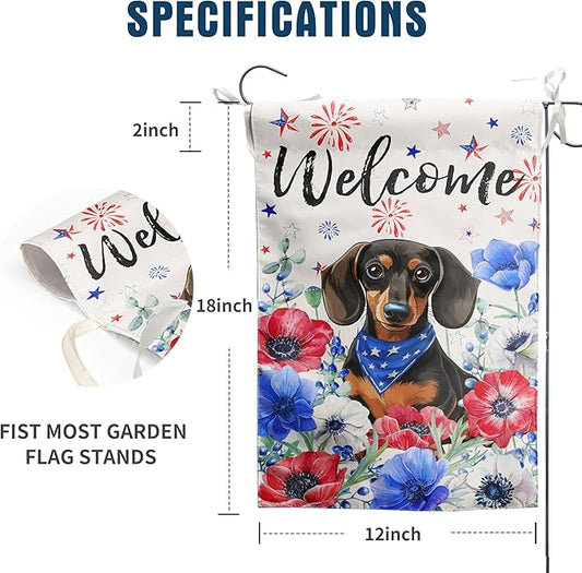4th of July Dachshund Garden Flag Red White Blue Floral Weiner Dog Yard Flags Small Memorial Independence Day Banner 12x18 Double Sided for Outside Outdoor Patriotic Decor