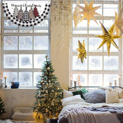 FuWeave Christmas Black and White Buffalo Plaid Bunting Fan Flag for Outside 1.5 x 3 ft Plaid Xmas Trees Hanging Flag Banner Pleated Buntings Winter Holiday for Christmas Garden Decor