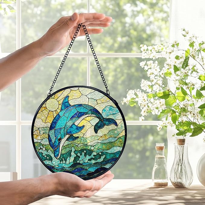 Dolphin Suncatchers Stained Glass Window Hanging, Beach Dolphin Gifts for Women, Coastal Ocean Sun Catchers Indoor Window Glass Round Wall Decor, Beachy Wall Hanging, 7.9x7.9in