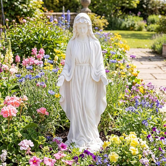 Giantex Virgin Mary Garden Statue 29.5", Blessed Mother Outdoor Religious Statue with Serpent, Weather-Resistant MgO Catholic Yard Decor for Lawn, Patio, Prayer Garden & Memorial, Distressed Ivory