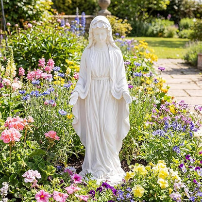 Giantex Virgin Mary Garden Statue 29.5", Blessed Mother Outdoor Religious Statue with Serpent, Weather-Resistant MgO Catholic Yard Decor for Lawn, Patio, Prayer Garden & Memorial, Distressed Ivory