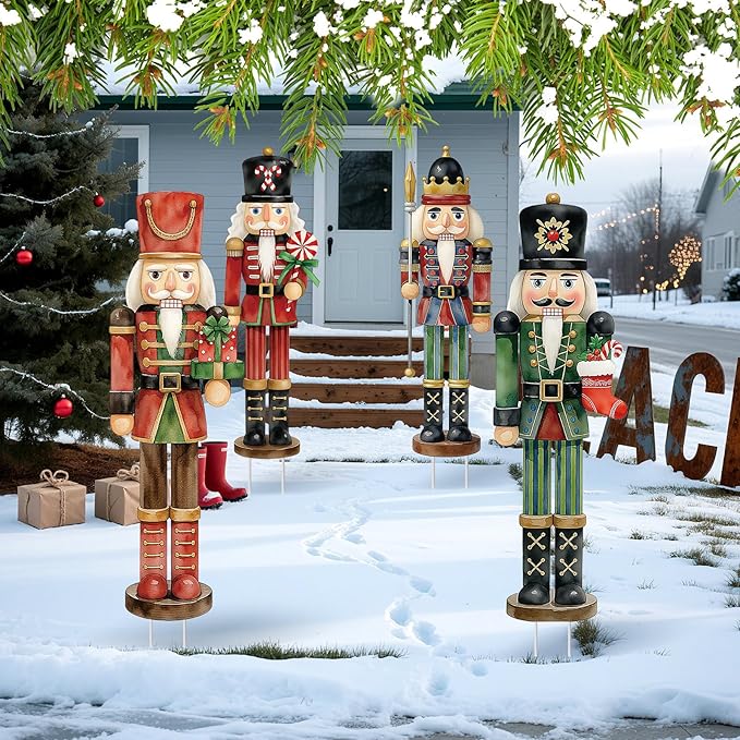 Geetery 4 Pcs Large Nutcracker Yard Sign with 16 Stakes 32 Inch Christmas Yard Decorations Outdoor Holiday Nutcracker Xmas Outside Lawn Decor for Garden Pathway Party(Red, Green,Novel)