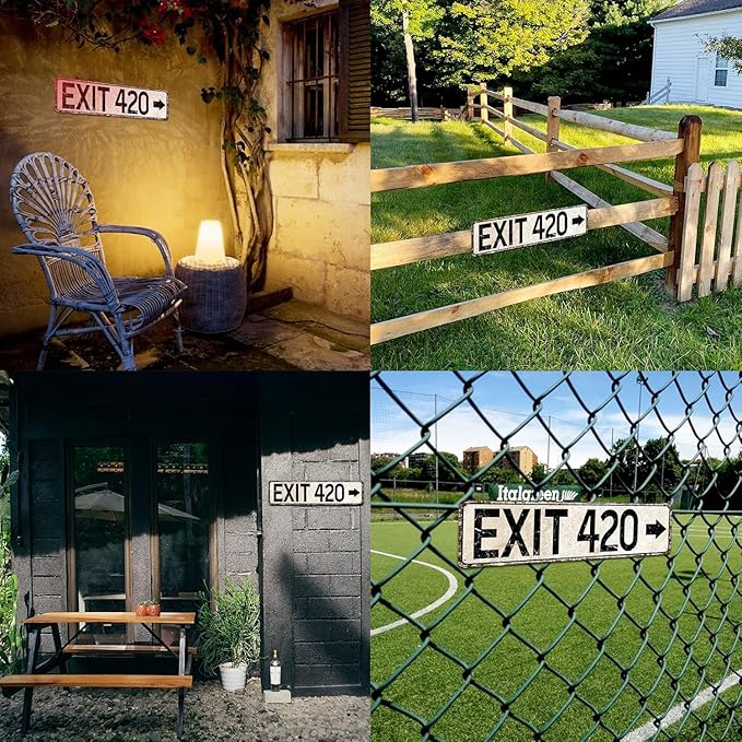 Vintage Metal Tin Sign for Trippy Room Decor, Retro Exit 420 Street Signs Cool Grunge Accessories and Outdoor Decorations 4x16 Inch