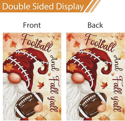 Heyfibro Football and Fall Y'all Gnome Garden Flag 28x40 Double Sided Burlap, Maple Leave Rugby Sports Events Yard Flags for Thanksgiving Rustic Seasonal Autumn Outdoor Decoration (ONLY FLAG)