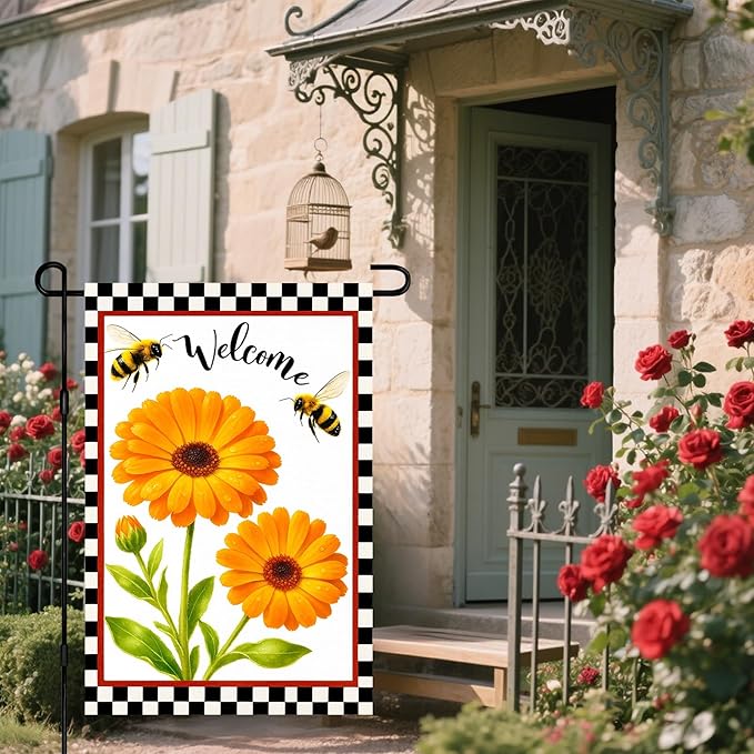 IVN Welcome Garden Flag 12x18 Inch Double Sided Spring Summer Garden Yard Flags Orange Gerbera Daisy Flowers Bees Decorative Small Flags for Outdoor Seasonal Front Door Lawn Porch Patio Decor Yard Flag