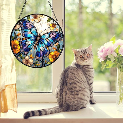 Butterfly Stained Glass Suncather for Window Hanging, 6.3'' Blue Butterfly Ornament Gift for Women, Nature-Inspired Wall Art Home Decor Gifts for Mom, Grandma, Mother's Day (Blue, 6.3'')