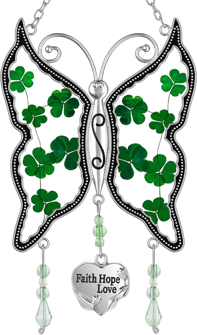 KY&BOSAM Shamrock Butterfly Suncatcher Faith Hope Love Irish Stained Glass for Windows Suncatchers Hangings Ornament Wind Chime with Real Flower as Gifts for Mom Mothers Day St Patrick's Day Decor