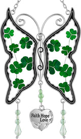 KY&BOSAM Shamrock Butterfly Suncatcher Faith Hope Love Irish Stained Glass for Windows Suncatchers Hangings Ornament Wind Chime with Real Flower as Gifts for Mom Mothers Day St Patrick's Day Decor