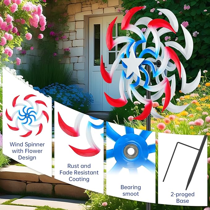 Wind Spinners Outdoor Metal with Patriotic, American Flag Pinwheel Decorations with Metal Stake, Yard Art Decor for Patio, Lawn & Garden, Creative Gifts 57.5 * 13 Inch