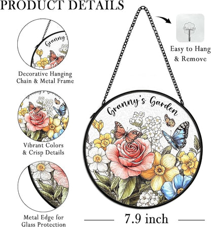 Granny Mothers Day Christmas Birthday Gifts Suncatcher Stained Glass Window from Grandkids for Granny, Grandma Gift Stained Glass Wall Decor, Granny's Garden Catchers Indoor Window,7.9x7.9In