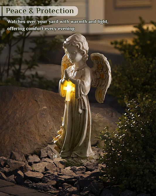 Solar Angel Statues for Outside, 12" Garden Solar Angel Figurines w/Lighted Cross, Guardian Angel for Cemetery, Yard, Pathway, Lawn Decor, Memorial Gardens Gifts for Mom Grandma Women