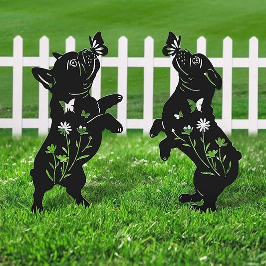 Metal French Bulldog Garden Decor for Outside,Black Dog Silhouette Decorative Yard Art for Outdoor Stakes,Lawn,Pathway,Gifts for Dog Lovers