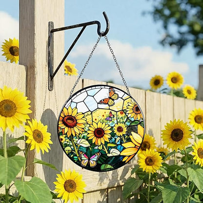 Stained Glass Window Hanging, Sunflowers Suncatcher 7.8 in Sun Catcher Glass Panel Boho Wall Art Decor with Chain Diamond Glass Panel Hangings Scenery Sun Catchers Decor for Lover Couple Mom