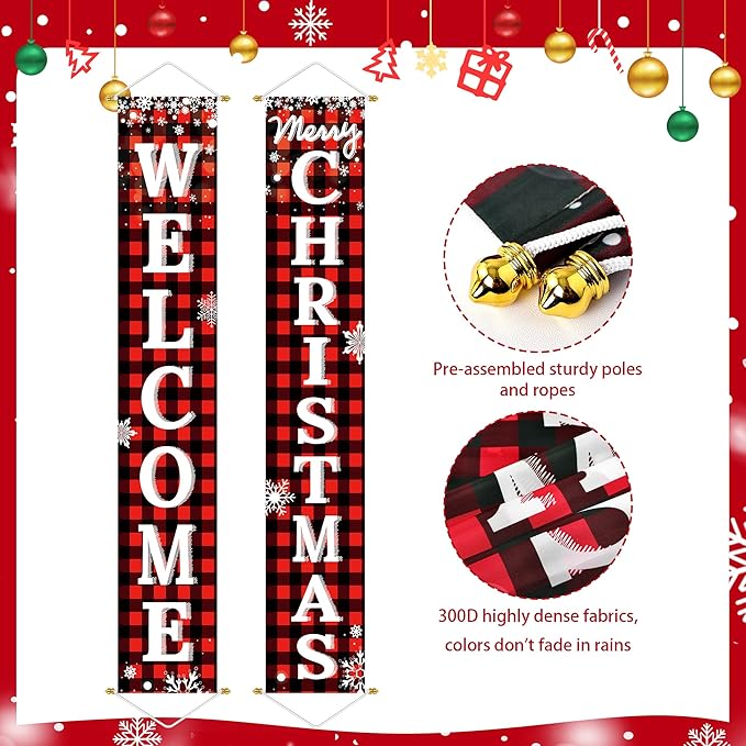 Ivenf Outdoor Christmas Decorations Yard: Red Black Buffalo Plaid Front Porch Sign Set, Hanging Welcome Merry Christmas Decorations for Home, Indoor Outdoor New Year Xmas Wall Front Door Yard Décor