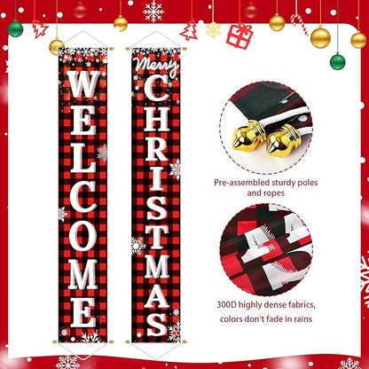 Ivenf Outdoor Christmas Decorations Yard: Red Black Buffalo Plaid Front Porch Sign Set, Hanging Welcome Merry Christmas Decorations for Home, Indoor Outdoor New Year Xmas Wall Front Door Yard Décor