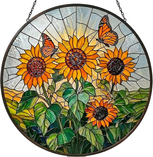 Sunflower Stained Glass Window Hanging Suncatcher, Round Floral Panel with Butterfly, Colourful Window Decor for Home Garden Conservatory Wall, Nature Lover Gift for Mum Grandma