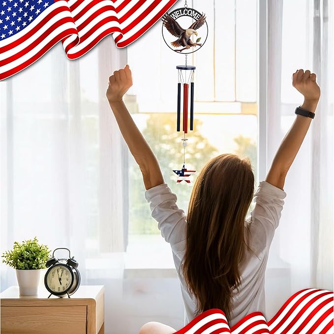 CoTa Global Welcome Eagle USA Flag Wind Chime - Handmade Metal Hanging Decor, Patriotic Garden Ornament with Red, White and Blue Tubes, Indoor Outdoor Porch Patio Yard Decoration - 34 Inches