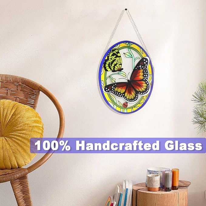 Monarch Butterfly Stained Glass Window Hanging, Butterfly Decorations Gift for Women, Valentine Stained Glass Suncatcher- Window Valentine Decor, Outdoor Hanging for Garden (10.5 inch)