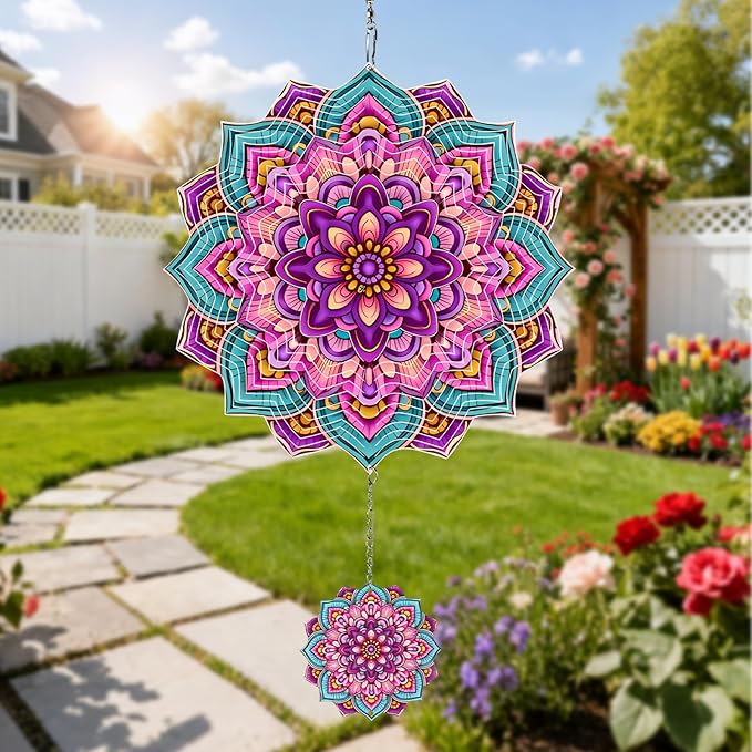 Wind Spinners Outdoor Flower Boho, 12 inch Laser Cut Metal Art Geometric Pattern Wind Spinners Hanging Kinetic for Yard, Garden, Patio, Outdoor - Craft Decor Birthday Gifts for Women, Men, Mom