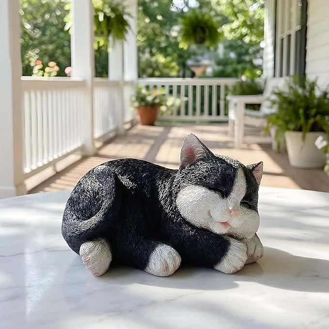 Sleeping Black Tabby Garden Statue - Resin Realistic Mini Cat Sculpture, Pet Loss Memorial Stone, for Cat Lovers, Indoor/Outdoor Decor, Animal Figurine for Yard Ornaments