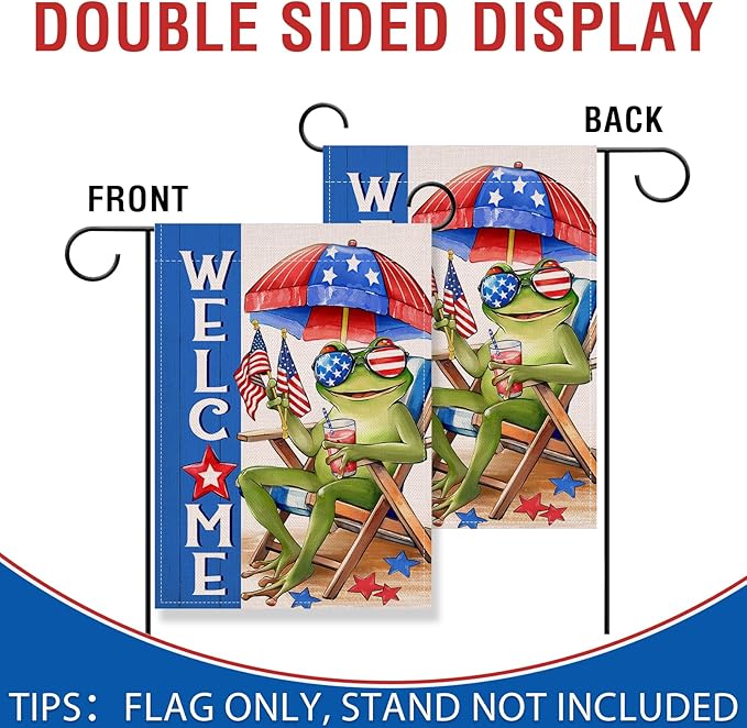 Artofy Welcome 4th of July Frog Small Decorative Garden Flag, Patriotic Beach Chair Sunshade America Yard Lawn Outside Decor, Coastal American USA Burlap Outdoor Home Decoration Double Sided 12 x 18