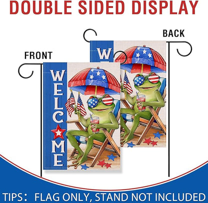 Artofy Welcome 4th of July Frog Small Decorative Garden Flag, Patriotic Beach Chair Sunshade America Yard Lawn Outside Decor, Coastal American USA Burlap Outdoor Home Decoration Double Sided 12 x 18