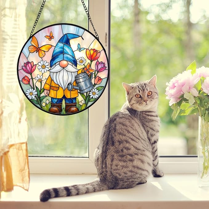 Gnome Stained Glass Suncather for Window Hanging with Flowers & Butterflies, 6.3'' Garden Gnome Gift for Women, Whimsical Wall Art Home Decor Gift for Mom, Grandma (Colorful Garden, 6.3'')