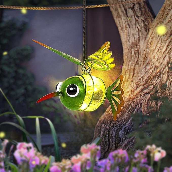 Solar Hanging Hummingbird Lights LED Outdoor Waterproof Powered Garden Decor Light Unique Decorations for Sister Birthday Gardening Gifts for Mom Women Yard Path Backyard Front Porch Balcony