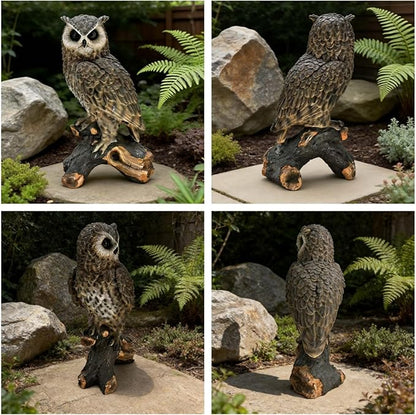 Large Owl Statue Garden Decor Outdoor Indoor, 18.98" H Hand-Painted Resin Owl Sculpture on Tree Stump, Wildlife Figurine Yard Art Ornament for Patio Lawn Porch Housewarming Gift