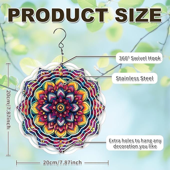 Wind Spinners Outdoor, Hanging Wind Spinner for Garden Decoration, 8 inch 3D Stainless Steel Metal Wind Sculpture for Indoor/Outdoor Decor, Mandala Lucky Star