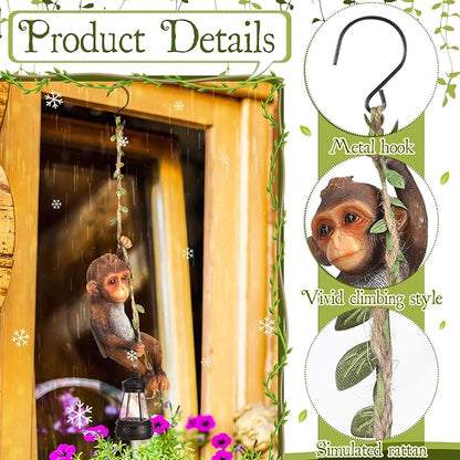 Rossesay Solar Light Outdoor Monkey Statues Brown 7.48 Inch Resin Chimpanzee Baby Monkey Climbing on Vine with LED Lantern Waterproof Hanging Figurine with Hook for Yard Garden Wall