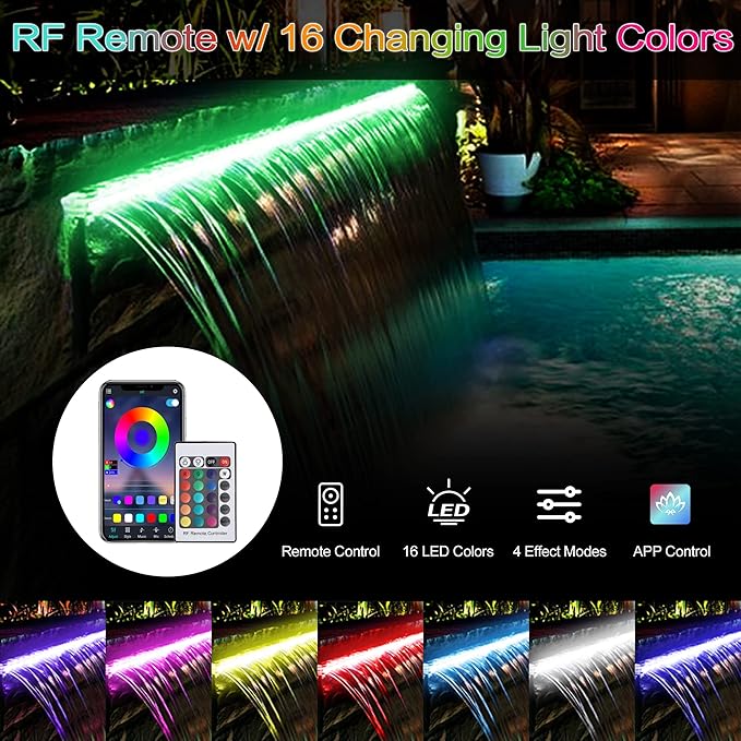 12'' APP Control Waterfall Spillway with RGB LED Lights, Acrylic Pond Fountain Set for Outdoor Decorations, Patio Pool Kit on The Wall for Garden w/16 Color Changing, Easy Installation