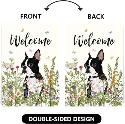 Floral Boston Terrier Garden Flag 28 x 40 Double Sided Multicolored Flower Dog Yard Flag for Outdoor Welcome