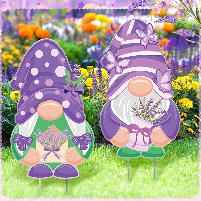 2 Pcs Easter/Spring Outdoor Decorations 16 Inch Easter Yard Signs Metal Pastel Gnome/Rustic Bunny/Lavender Garden Stakes for Home Outside Pathway Lawn Backyard Patio Farmhouse Party Decor(Lavender)